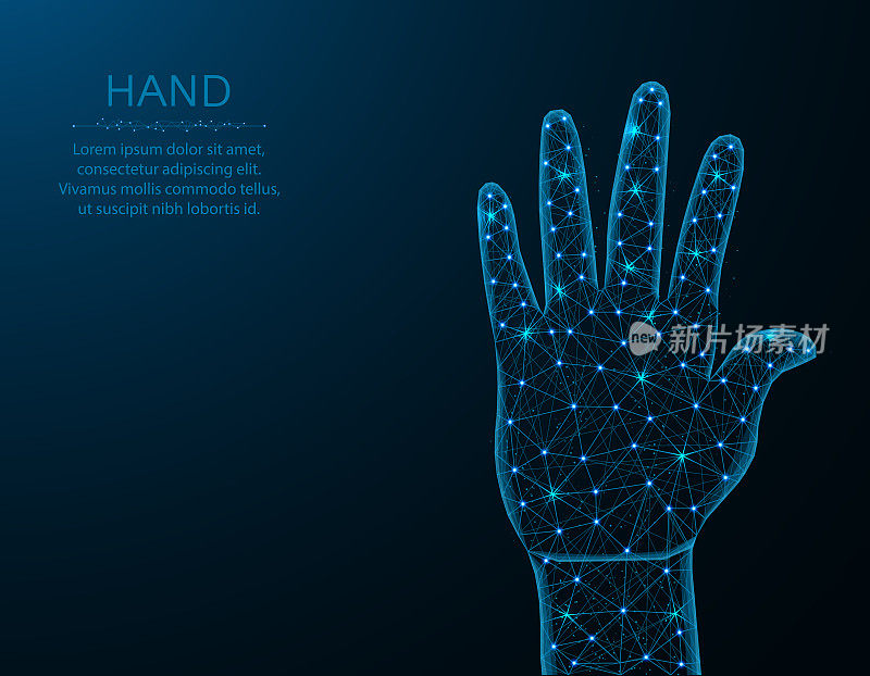 Human hand low poly design, gesture in polygonal style, body part vector illustration on blue background